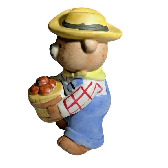 Vintage BC Bronson Teddy Bear Figurine Porcelain Bisque Farmer Apples Basket - Picture 2 of 7